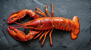 ai generado deleite en el Mariscos elegancia con un de cerca de un grande rojo hervido langosta en pizarra, ai generado foto