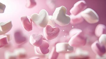 AI generated Sweet white and pink heart marshmallows falling gracefully, a delightful confectionery scene, Ai Generated. photo