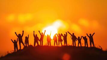 AI generated A powerful silhouette of a group of teens raising their hands in unity, Ai Generated. photo