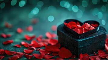 ai generado corazón conformado caja con regalos y rojo Rosa pétalos en verde fondo, ai generado foto