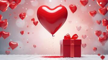 AI generated A 3D-esque rendering of a Valentine's Day scene featuring a metallic balloon in the shape of a heart and a white gift box with a red ribbon, Ai Generated. photo