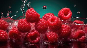 AI generated Dive into the world of raspberries as water playfully enhances their allure, a visual feast for your senses, Ai Generated. photo