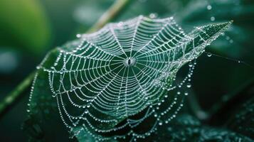 AI generated Dew-kissed spider web adorns a lush green leaf, nature's delicate artwork on display, Ai Generated photo