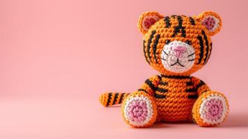 AI generated Crocheted tiger toy vibrant backdrop, handcrafted and adorable, Ai Generated photo