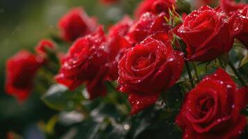 ai generado capturar el esencia de romance como agua gotas adornar un ramo de flores de apasionado rojo rosas. de la naturaleza amor historia. ai generado. foto