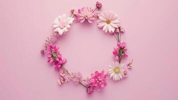 ai generado clasificado minúsculo flores arreglado en un guirnalda en contra un rosado fondo, presentando espacio para texto. resumen inspirado en la naturaleza floral marco diseño con zona para fraseología. suave, ai generado foto