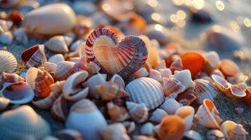AI generated Discover heart-shaped shells and seashells adorning the sandy beach. Ai Generated photo