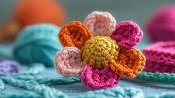 AI generated Crocheted flower toy vibrant backdrop, handcrafted and adorable, Ai Generated photo