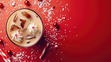 AI generated Festive Iced Peppermint Cold Brew accompanied by Milk, set against a Red Backdrop, with room for copy, Ai Generated. photo