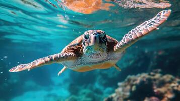 ai generado un verde mar Tortuga nada en el azul océano, ai generado foto