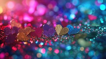 AI generated Radiant glittering background crafted from an array of colorful heart shapes. Ai Generated. photo