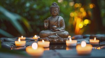 AI generated Serene Buddha statue with candles in a peaceful natural setting, Ai Generated. photo