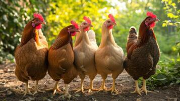 AI generated Chickens stand amidst the serene forest, blending into the natural surroundings harmoniously, Ai Generated. photo