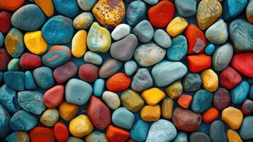 AI generated Background adorned with colorful painted stones, creating a vibrant and textured backdrop. Ai Generated photo