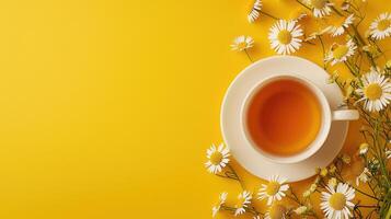 AI generated A cup of delicious chamomile tea positioned on a yellow background, with designated space for text, Ai Generated. photo