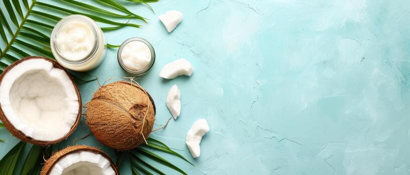 AI generated A layout featuring a coconut, coconut oil, and cosmetic cream jars set against a colored backdrop. Top view with ample space for text, Ai Generated. photo