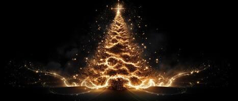 ai generado un mágico Navidad árbol luces arriba el oscuridad con festivo brillo, ai generado foto