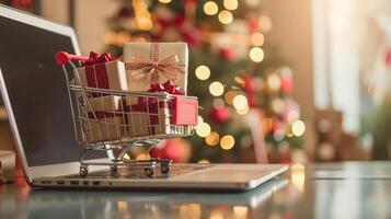 AI generated Digital holiday shopping spree depicted with a cart of gifts, Ai Generated photo