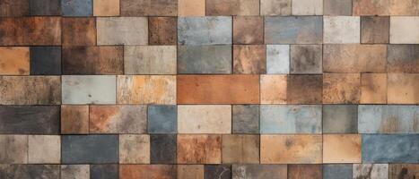 AI generated Old, brown-gray, rusty and vintage worn shabby patchwork square motif tiles in stone, Ai Generated photo