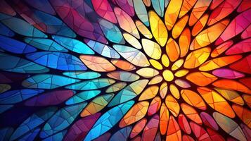 ai generado vívido colores de manchado vaso mosaico ventana formar un cautivador geométrico patrón, ai generado. foto