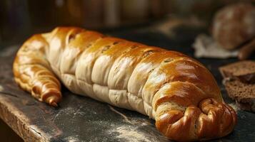 AI generated Unique bread loaf resembling an earthworm resting on a wooden table, Ai Generated photo