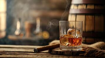 AI generated A glass of whiskey sits on a wooden barrel, next to a pair of cigars, Ai Generated photo