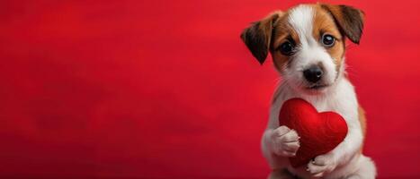 AI generated Puppy stands holding a red heart, isolated against a red background, Ai Generated photo