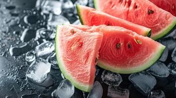 ai generado aplacar tu sed y golpear el calor con estos refrescante sandía rebanadas, un de verano frio deleitar, ai generado. foto