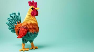 AI generated Crocheted rooster toy vibrant backdrop, handcrafted and adorable, Ai Generated photo
