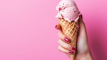 ai generado mujer participación un gofre cono con delicioso hielo crema, conjunto en contra un rosado fondo, ai generado. foto