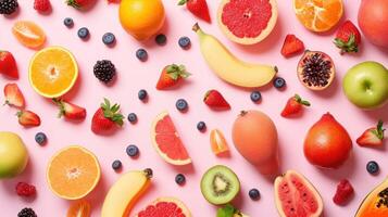 ai generado surtido de Fresco frutas desplegado en un ligero rosado fondo, ai generado foto