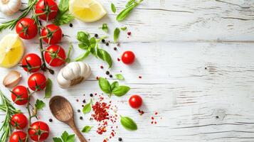 AI generated Healthy culinary ingredients display, including fresh cherry tomatoes, aromatic herbs, garlic, lemon cuts, and a spoon laid out on a white, rustic wooden surface, Ai Generated. photo