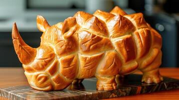 AI generated Unique bread loaf resembling an rhinoceros resting on a wooden table, Ai Generated photo