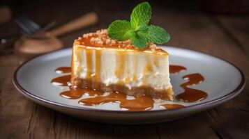 AI generated Savor the delightful blend of cheesecake and caramel sauce on a charming wooden surface, Ai Generated. photo