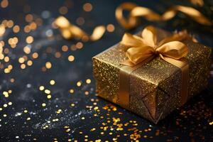 AI generated Golden gift box with a shimmering ribbon, set amidst confetti on a dark background, Ai Generated. photo