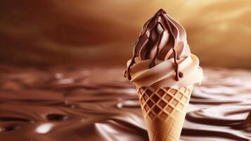 AI generated Melting ice cream cone adorned with a swirl of chocolate and caramel, Ai Generated photo