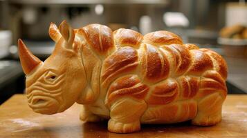 AI generated Unique bread loaf resembling an rhinoceros resting on a wooden table, Ai Generated photo