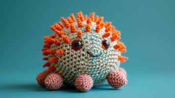 AI generated Crocheted sea urchin toy vibrant backdrop, handcrafted and adorable, Ai Generated photo