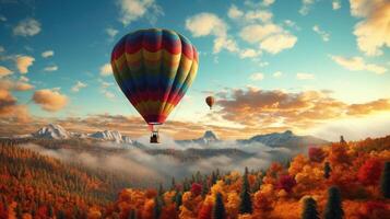 AI generated Witness the beauty of a hot air balloon soaring through the autumn sky, a serene journey above the fall foliage. Ai Generated. photo