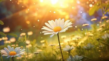 AI generated A realistic, idyllic daisy bloom radiates under the yellow sun ray throughout spring, summer, and autumn seasons, Ai Generated. photo