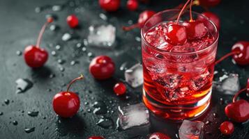 AI generated A glass of cherry juice with ice cubes and cherries on a table, Ai Generated photo