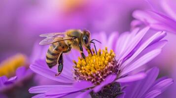 AI generated Close-up macro shot captures a bee collecting nectar from a purple wildflower, Ai Generated. photo