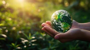 ai generado el tierra acunado en cuidando manos, un poderoso recordatorio a salvar nuestra precioso planeta, ai generado foto