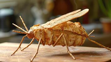 ai generado único un pan pan parecido a un mosquito descansando en un de madera mesa, ai generado foto