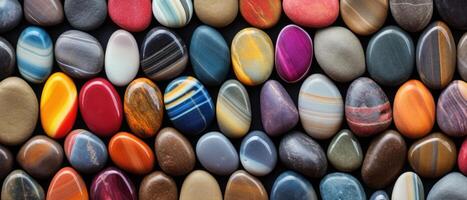 AI generated Colorful rocks and pebbles, featuring a spectrum of multicolored and striped variations, Ai Generated photo