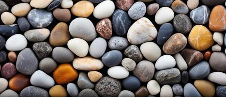 AI generated Gain a unique perspective with this top view abstract background showcasing a texture of polished pebbles and stones, Ai Generated. photo