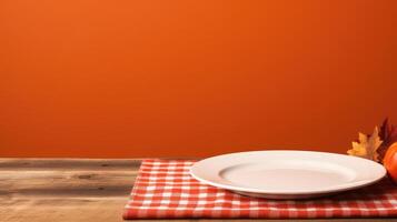 AI generated Simple elegance a white plate on a wooden table, with warmth from the orange wall, Ai Generated. photo