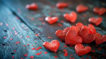 ai generado rojo corazones untado a través de un mesa, formando un encantador y lleno de amor mostrar, ai generado foto