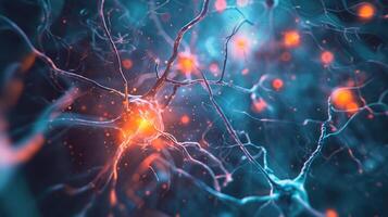 AI generated Energetic Neurons, Neuronal Network Exhibiting Neuron Cell Electrical Activities. Studies in Neuroscience, Neurology, and Cerebral Activity, AI Generated photo