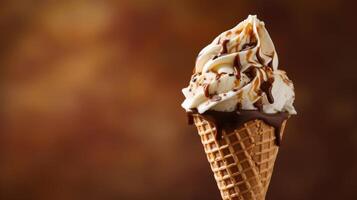 ai generado derritiendo hielo crema cono adornado con un remolino de chocolate y caramelo, ai generado foto